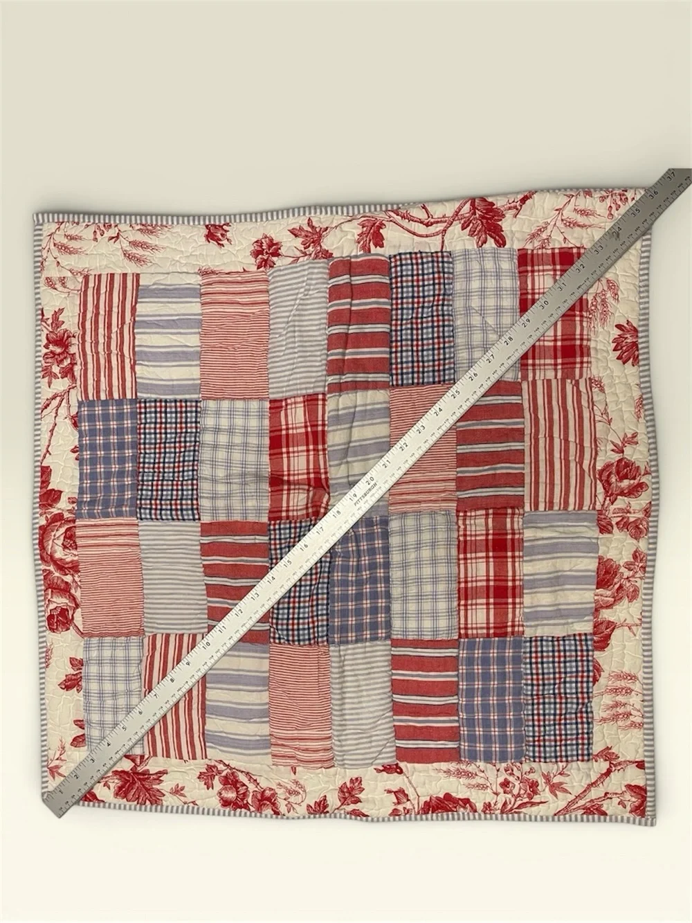 Pottery Barn Red, Blue & Cream Patchwork Quilted Shams (2) 26x26 Americana Vibes